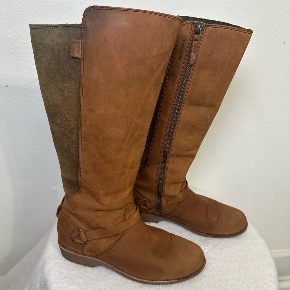 Teva De La Vina Dos Tall Bison Waterproof Leather Brown Over the Knee Boots SZ 9